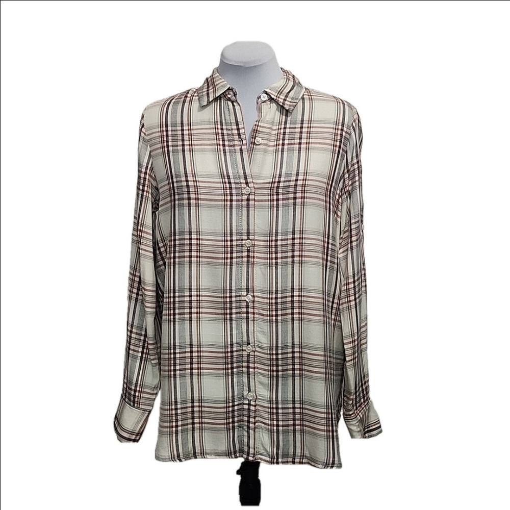 NWT MAX STUDIO plaid loose fit long casual button down shirt